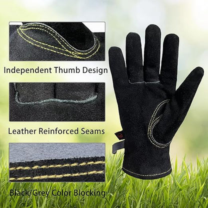 Leather Work Gloves for Women Men with Cotton Lining, Medium Thorn Proof Cactus Gardening Yard Work Gloves for Rose Pruning, TIG/MIG Welding, Construction, Driving (Black, Medium)