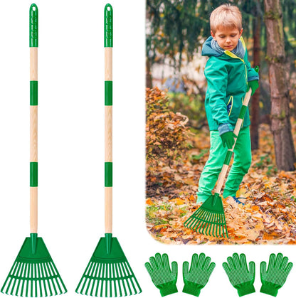 2 Pcs 35'' Kids Rakes for Leaves - Plastic Rake Head with 2 Pairs Kids Gloves, Small Kids Lawn Rakes Detachable Wooden Handle, Autumn Garden Tool Set for Kids Boys and Girls, Green, 3yr+