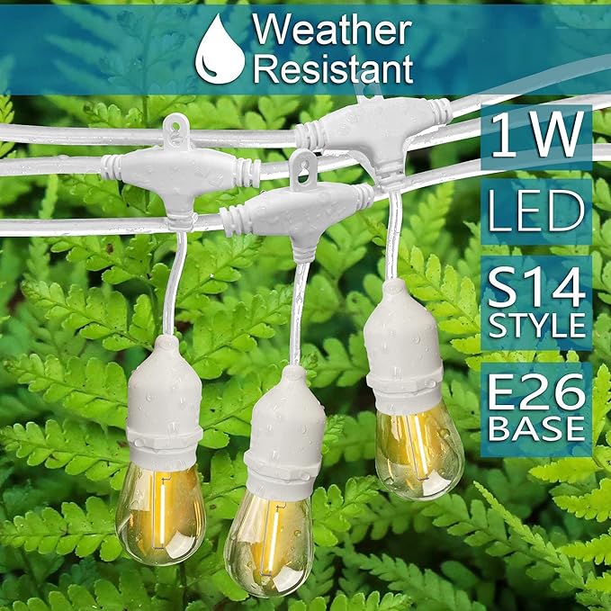 Banord Outdoor String Lights, 48FT Waterproof Patio Lights with 1W Dimmable LED Bulbs, White Hanging String Lights for Outdoor Backyard, Garden, Deck, Porch, Gazebo, Balcony, Camping, Party