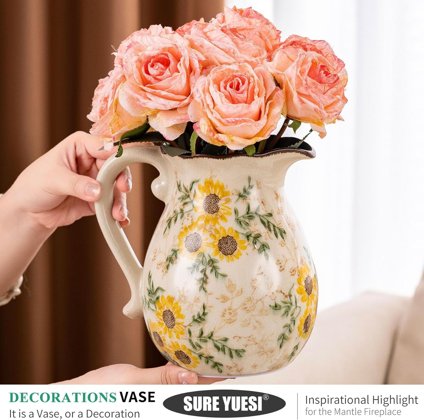 Sunflower Vintage Ceramic Yellow Floral Vase with Handle, Chinoiserie Floral Pitcher Vase, Rustic Ceramic Farmhouse Vases for Home Decor, Living Room, Bookshelf, Office, Grand Millennial Decor 7.9 in