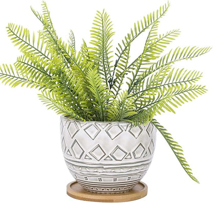 VanEnjoy 5.5 inch Large Round Bohemian Style Ceramic Planter, Geometry Engrave Off White Brown Succulent Planter Flower Pot - Indoor Outdoor Decorative Planter