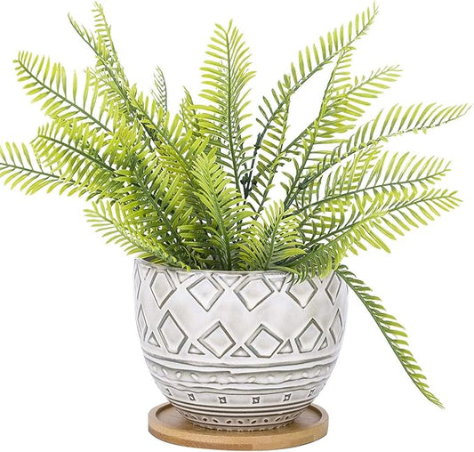 VanEnjoy 5.5 inch Large Round Bohemian Style Ceramic Planter, Geometry Engrave Off White Brown Succulent Planter Flower Pot - Indoor Outdoor Decorative Planter