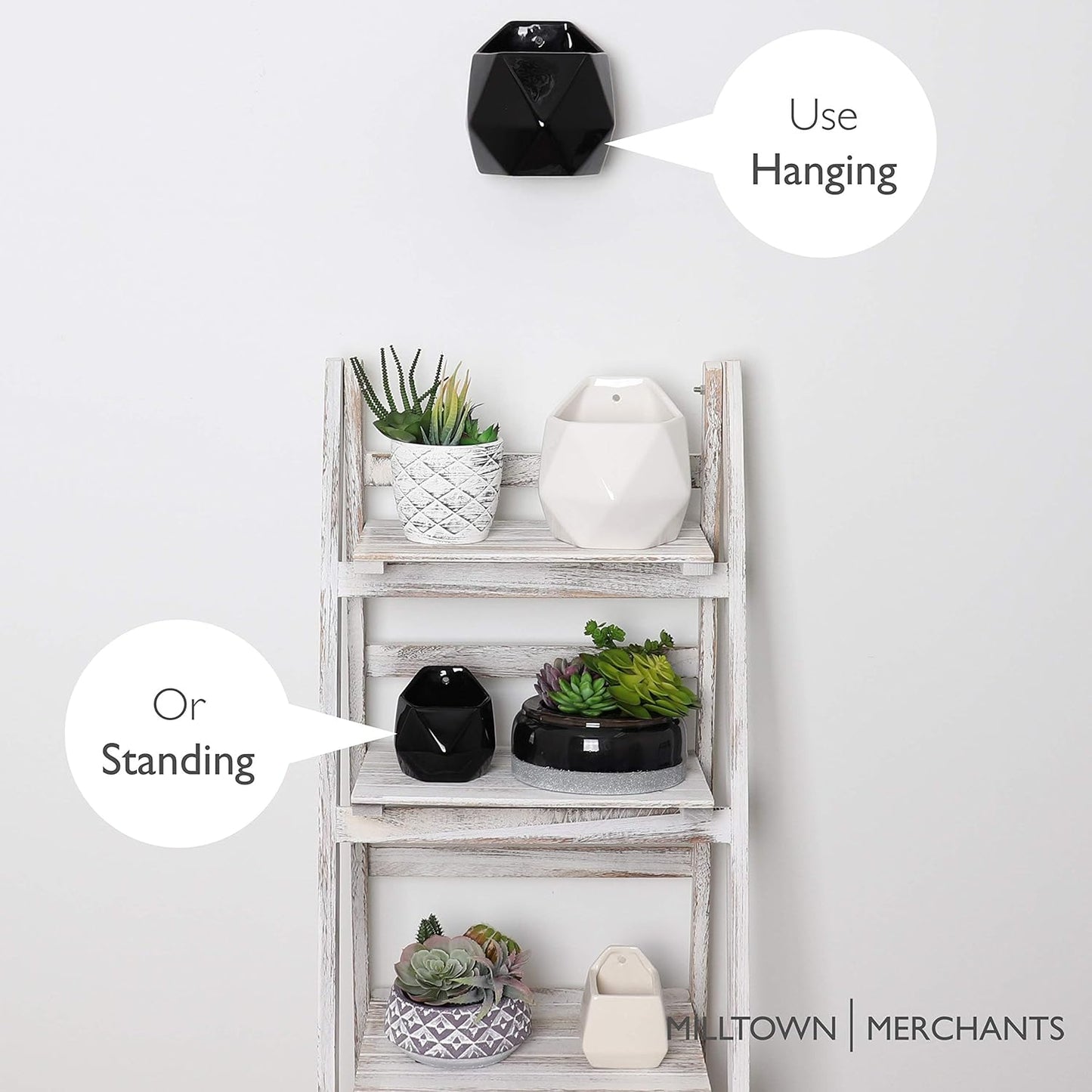 Milltown Merchants Succulent Wall Planters - Ceramic Wall Mounted Planters - Succulent Plant Pots - Hanging Vases (1 Pack/Geometric/Black)