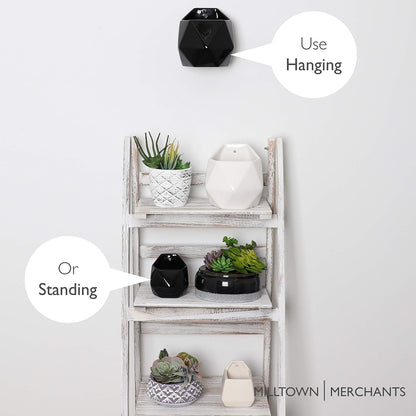 Milltown Merchants Succulent Wall Planters - Ceramic Wall Mounted Planters - Succulent Plant Pots - Hanging Vases (1 Pack/Geometric/Black)
