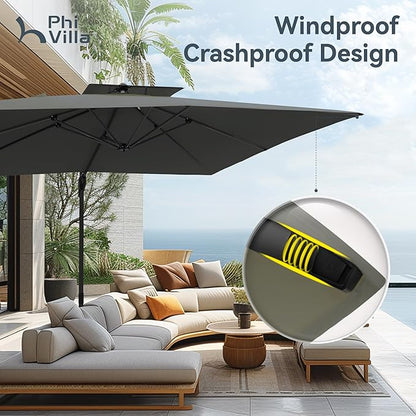 PHI VILLA 10ft Cantilever Patio Umbrella with Base, Outdoor Large Square Umbrellas with 360°Rotation, Heavy Duty Hydraulic Double Umbrella Windproof for Outside, Deck, Garden, Porch, Grey