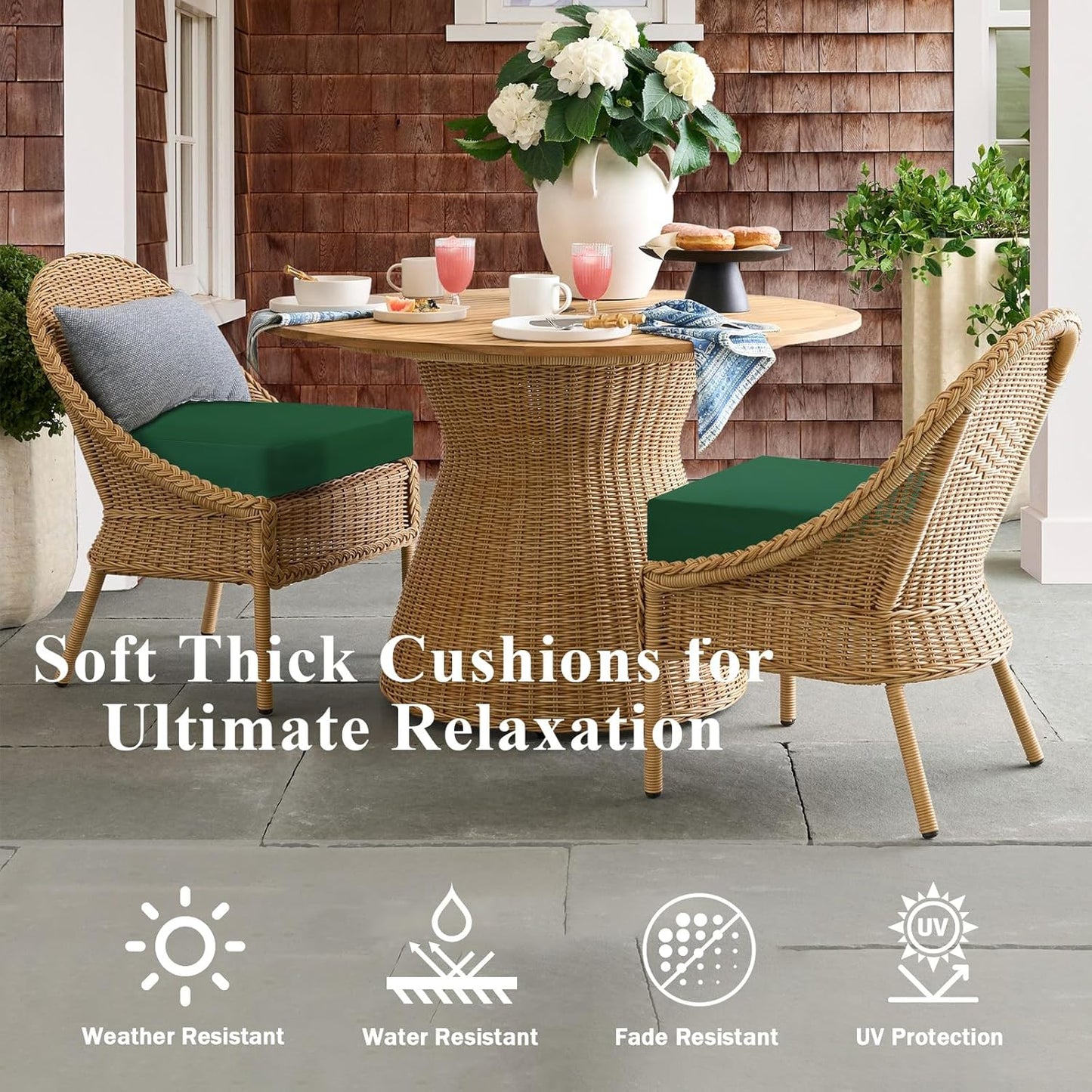 Outdoor Chair Cushions Set of 2, Waterproof Foam Patio Seat Cushions with Ties for Garden Sofa & Dining Furniture, 3-Year Color Fastness, 18x18x3 Inch, Green