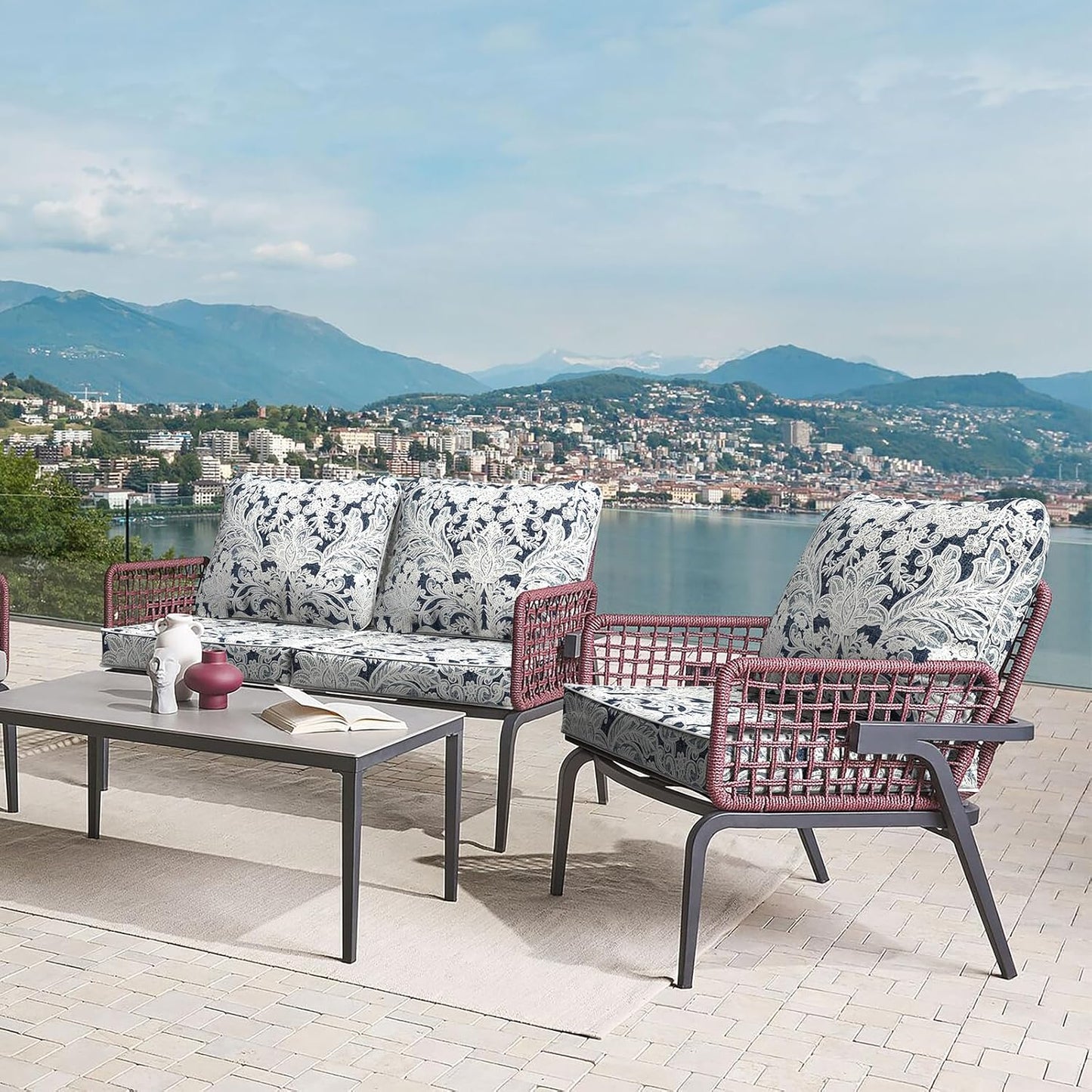 LVTXIII Outdoor/Indoor Deep Seat Cushion Patio Seat and Back Cushion Set All-Weather Replacement Chair Cushion for,Wicker Chairs and Garden Furniture Decoration, 24"x24"x4", Damask Lapis