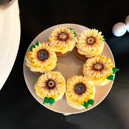 60 PCS Edible Sunflower Cupcake Toppers Wafer Paper Flowers Cake Decorations Edible Sunflower Party Decorations for Baby Shower Sunflowers Birthday Party Cake Toppers Food Decorations Supplies