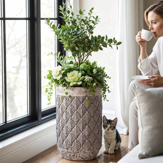 15.5 & 19 inch high Concrete Flower pots Set of 2, The planters for Outdoor Plants with Drainage Hole, Modern Family Outdoor Decor Plant pots, Indoor Plant pots for Home Decor.