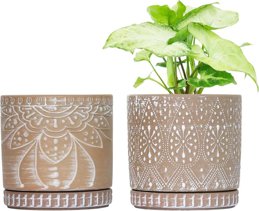 6 Inch Indoor Plant Pots with Drainage Holes and Saucers, Ceramic Planter for Plants, Flower Pot - Set of 2