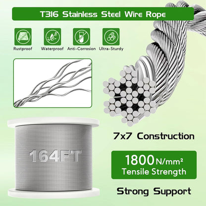 Trellis Wire for Climbing Plants Outdoor, 20 Set Wall Wire Trellis Kit with 1/8" x 164ft Stainless Steel Cable, T316 Espalier System Cable Trellis Kit with Adjustable Spacing Vines Green Wall