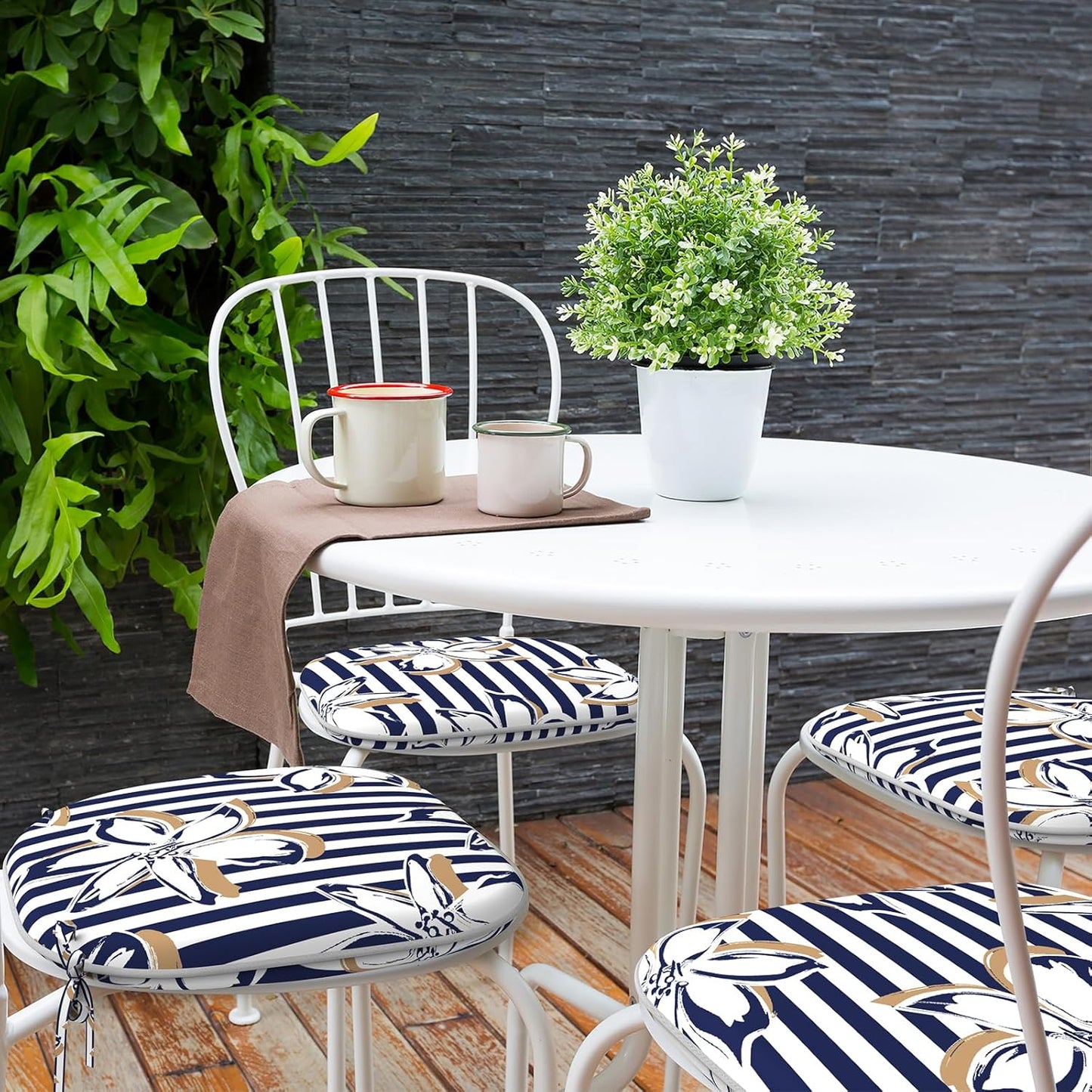 Indoor/Outdoor Chair Cushions 16x17 Inch, Patio Chair Cushions with Ties, All Weather Seat Cushions for Patio Furniture Home Garden Chair Use, Set of 4, Clemens Cabana Navy