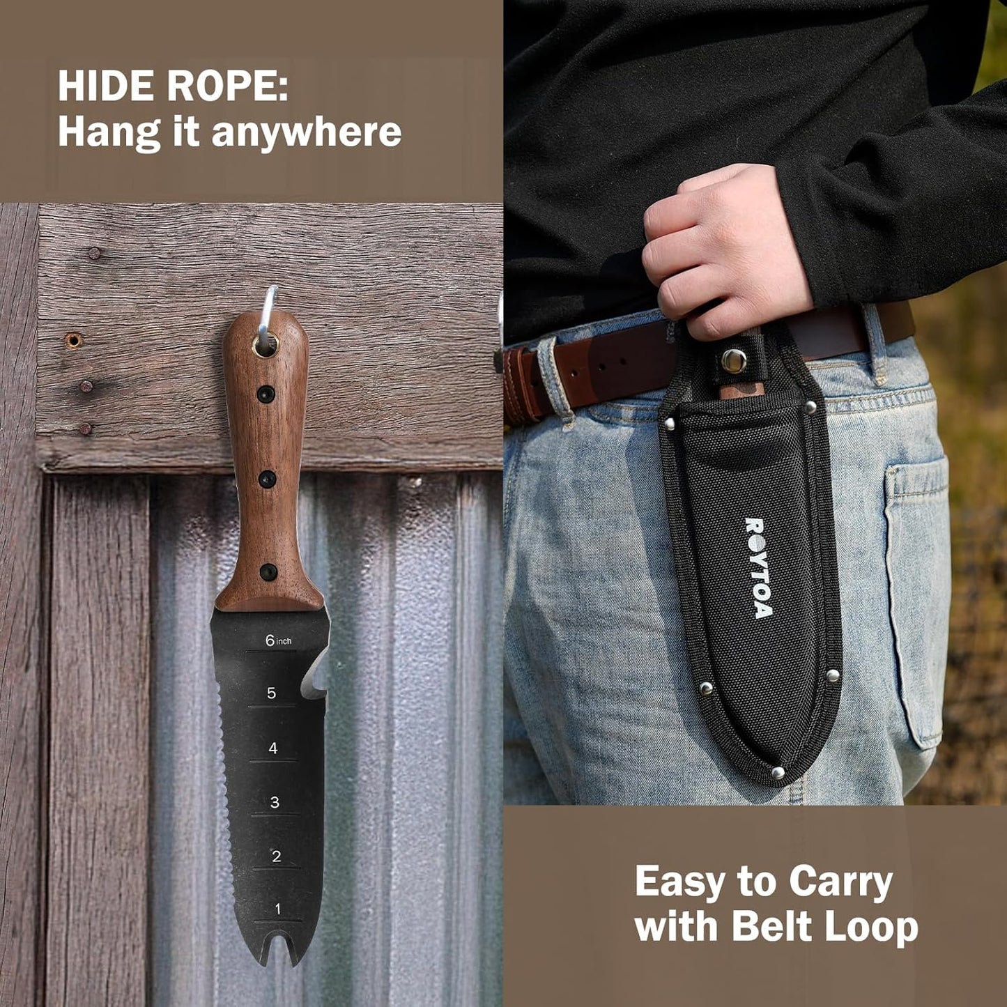 Hori Hori Garden Knife, Garden Tools with Sheath for Weeding,Planting,Digging, 7" Stainless Steel Blade with Cutting Edge, Full-Tang Wood Handle with Hanging Hole