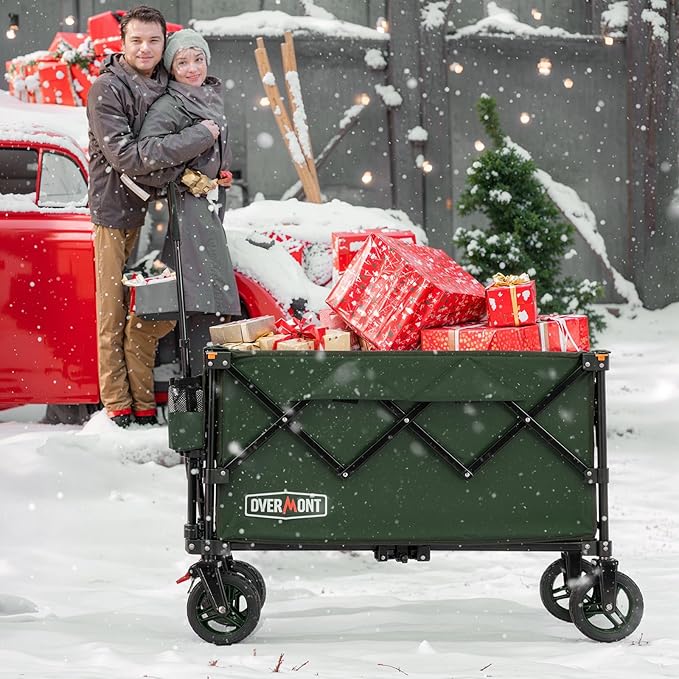 Overmont Ultra-Compact Collapsible Wagon Cart - 200L Portable Folding Wagon with All-Terrain Wheels Utility for Beach, Grocery Shopping, Camping, and Gardening – 330lbs Load Capacity Green