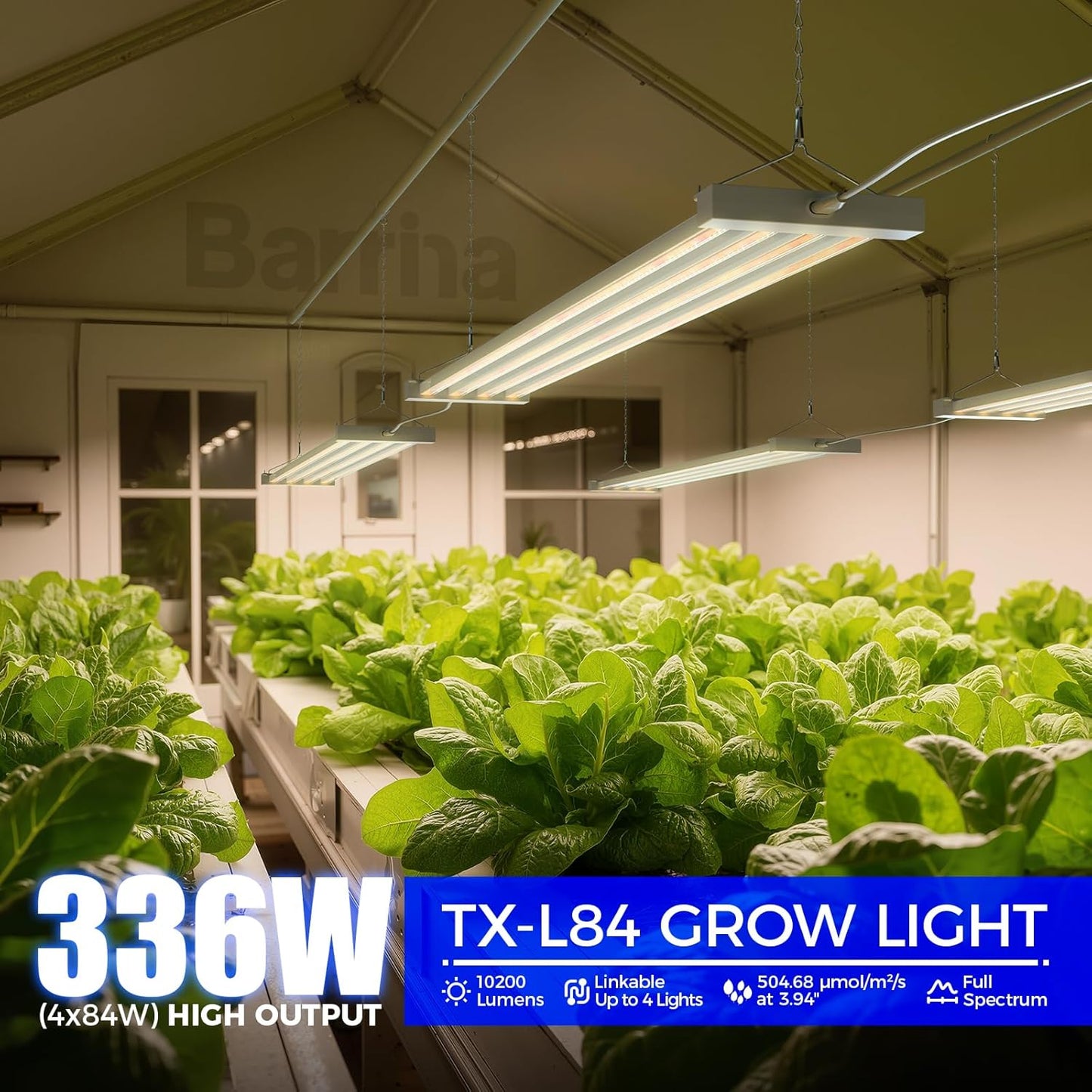 Barrina TX-L84 4FT LED Grow Light, 336W (4 x 84W), 4 Panel Wider Coverage, Full Spectrum, High PPFD, Mechanical Timer, Linkable, Hanging Light, Plant Stand with Grow Light for Indoor, Seeding, 4 Packs