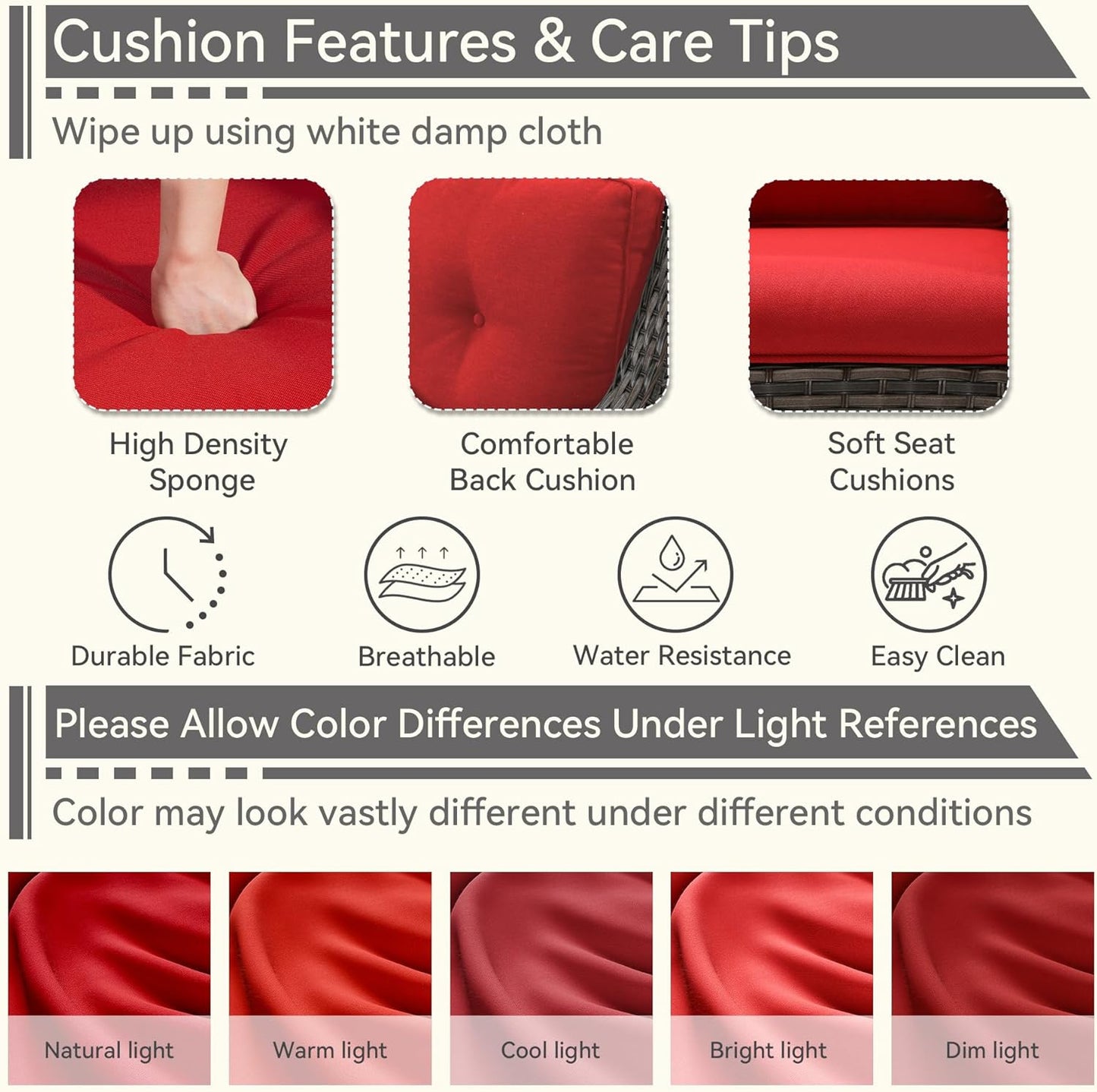 1 PC Outdoor Rocking Chair, Wicker Patio Rocker Chair for Yard, Porch, Mixed Brown Grey Rattan, Red Cushions