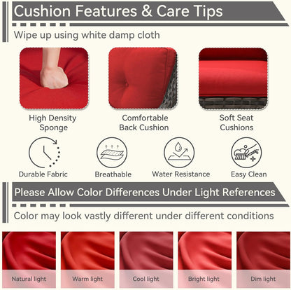 1 PC Outdoor Rocking Chair, Wicker Patio Rocker Chair for Yard, Porch, Mixed Brown Grey Rattan, Red Cushions