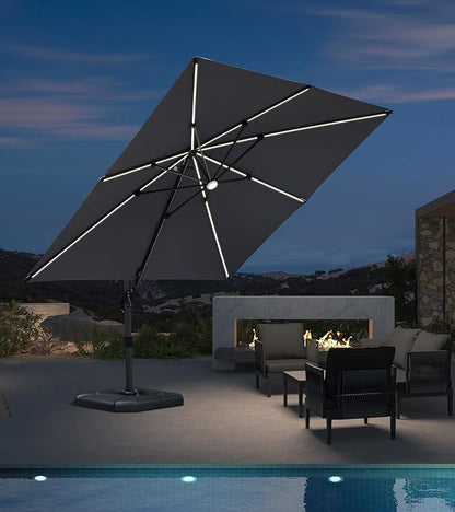 PURPLE LEAF 10 Feet Patio Umbrella Outdoor Cantilever Solar Powered LED Square Umbrella Aluminum Offset Umbrella with 360-degree Rotation for Garden Deck Pool Patio Light Grey