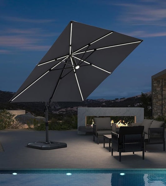 PURPLE LEAF 10 Feet Patio Umbrella Outdoor Cantilever Solar Powered LED Square Umbrella Aluminum Offset Umbrella with 360-degree Rotation for Garden Deck Pool Patio Light Grey
