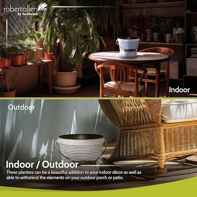 Headwind Vintage Collection Rustic White Ribbed Planters –Charcoal Flower Pots 10 Inch Indoor Plant Pots Bucket for Peace Lily, Pothos, & Lavender, Petunias, Basil Plant for Outdoor by Robert Allen