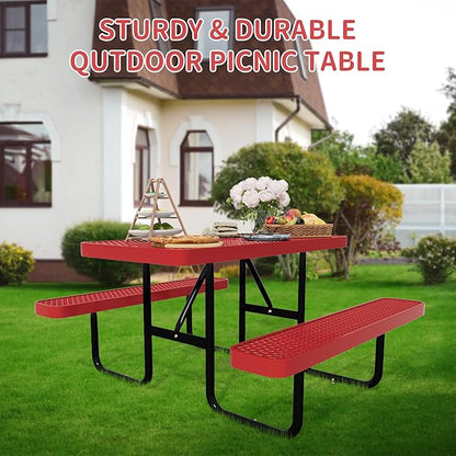 48'' Rectangular Metal Picnic Table for Outdoors,Heavy-Duty Portable Commercial Picnic Tables Bench Set with Umbrella Hole,School Canteen Table W/Seats - Patio Dining Furniture for Patio Garden