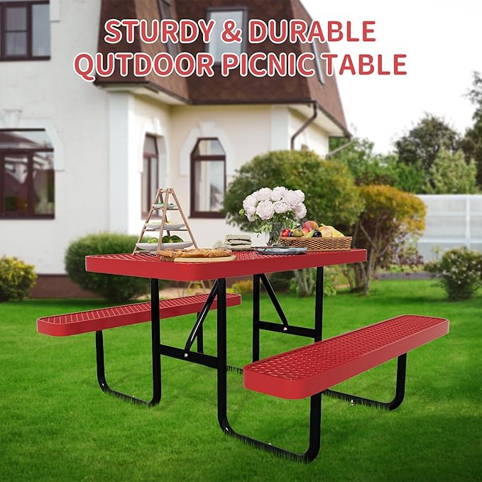 72'' Rectangular Metal Picnic Table for Outdoors,Heavy-Duty Portable Commercial Picnic Tables Bench Set with Umbrella Hole,School Canteen Table W/Seats - Patio Dining Furniture for Patio Garden
