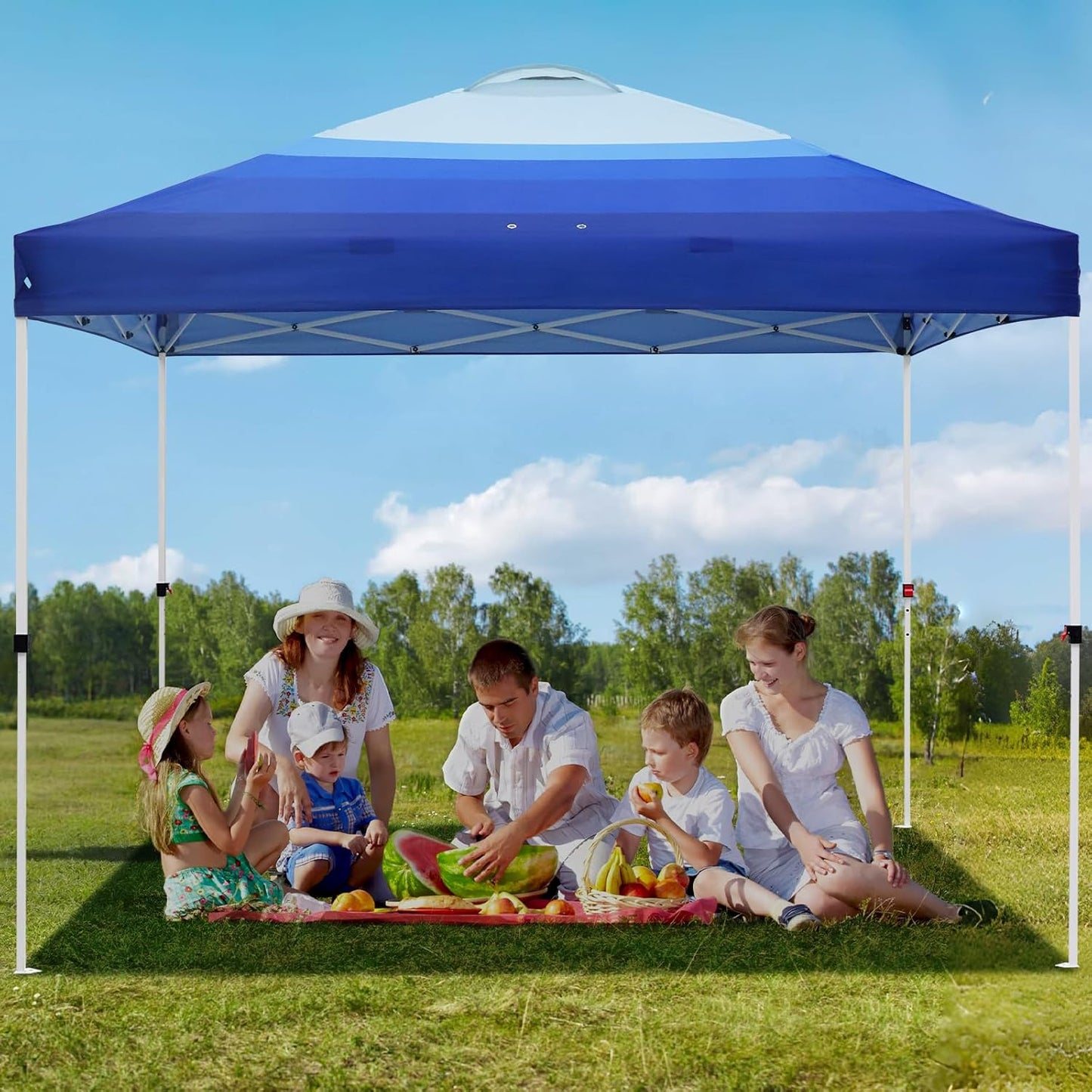 EAGLE PEAK Pop Up Canopy Tent with Wheeled Carry Bag, 8 Stakes, 4 Ropes, 4 Weight Bags, Easy Set Up Tent Canopy, 10x10 ft, 100sqft of Shade, Blue Fade Stripe
