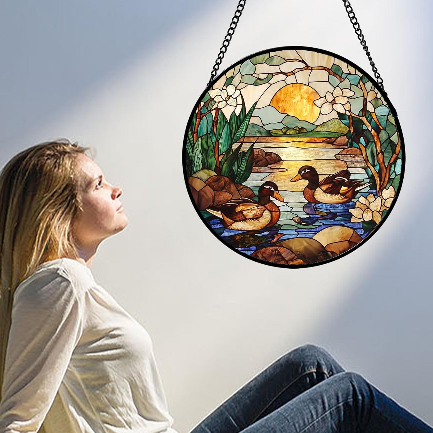 Stained Glass Window Hanging, Ducks in The Pond Sun Catcher for Door Home Decor Landscape Plant Suncatcher Christmas Mother's Day Birthday Gifts for Women Men Mom Nana 6.3 in