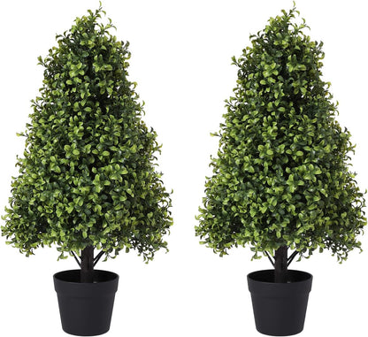 30" Artificial Boxwood Topiary Trees Outdoor Set of 2 - UV Resistant Faux Plants for Front Porch Outside Planter, Realistic Fake Cone-Shaped Bushes & Shrubs 2.5ft
