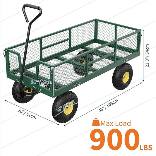 GarveeLife 900 LBS Garden Cart with Removable Mesh Sides, Heavy Duty Steel Garden Wagon with Adjustable Handles & 10 in Pneumatic Tires, Utility Wagon for Lawn Camping Farm Yard, Green+Black