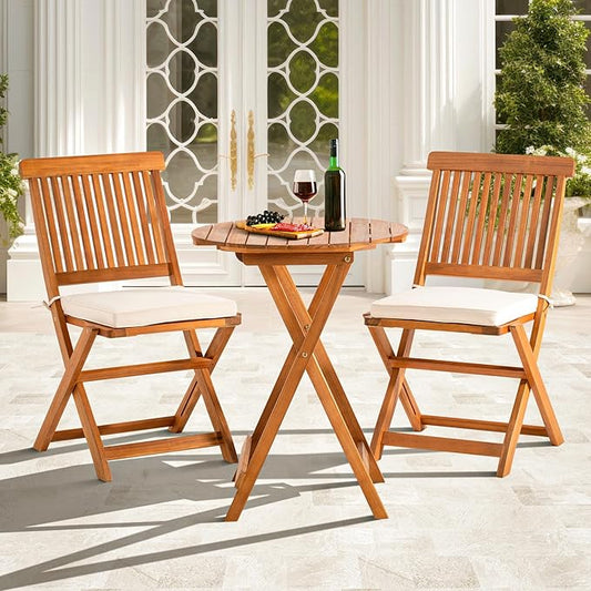 IDZO Heavy Duty 400lbs Capacity Patio Bistro Sets, 3 Piece Outdoor Folding Chairs with Cushions and Round Table, FSC-Certified Acacia Wood, Space-Saving Design for Balcony, Garden and Porch