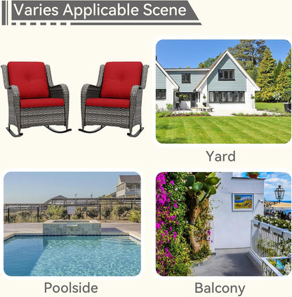 Outdoor Rocking Chair of 2, Wicker Patio Rocker Chair for Yard, Porch, Mixed Brown Grey Rattan, Red Cushions