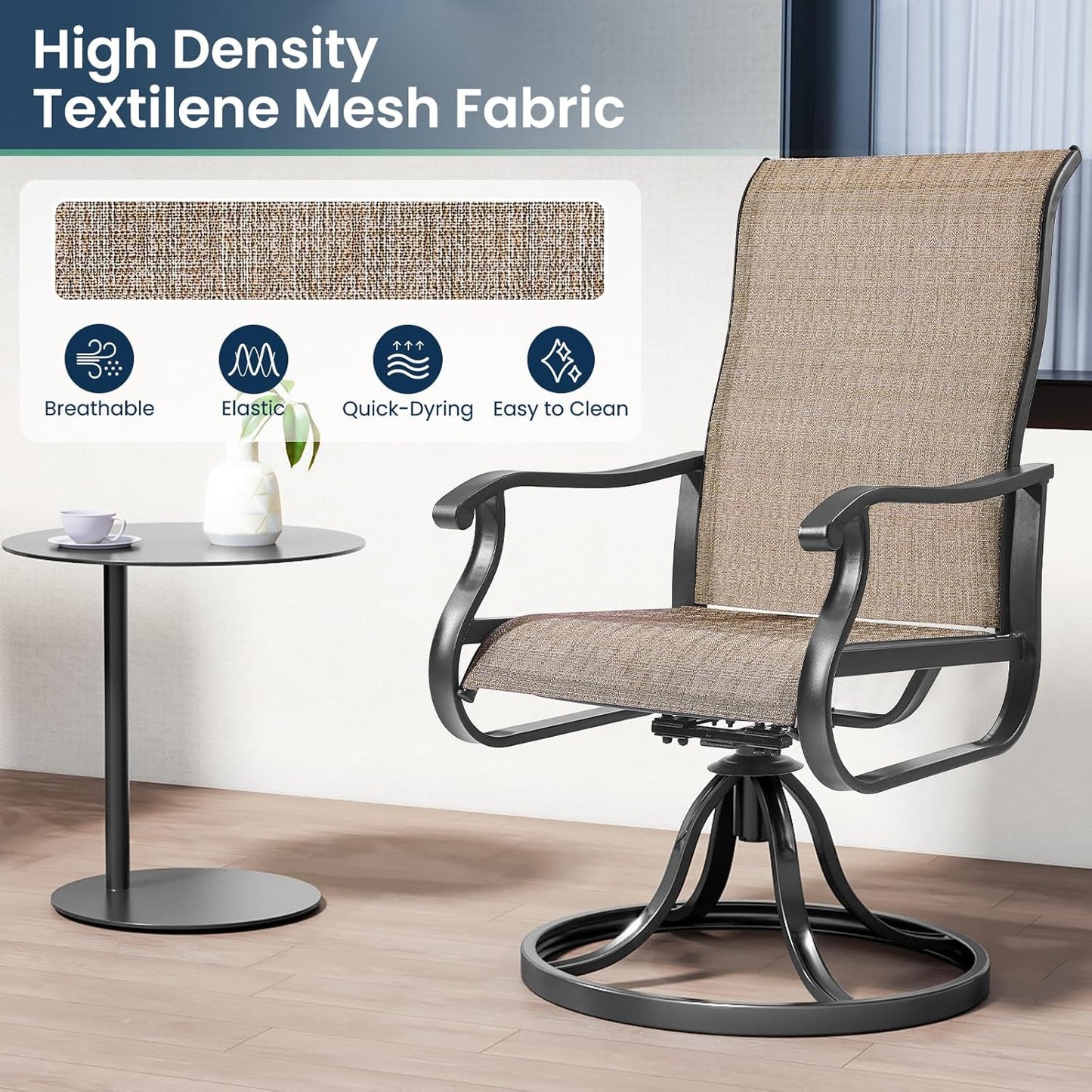 Amopatio Patio Swivel Chairs Set of 4, Outdoor Swivel Rocker Dining Chairs with All Weather Textilene High Back & Metal Frame, for Backyard Deck Lawn, Brown