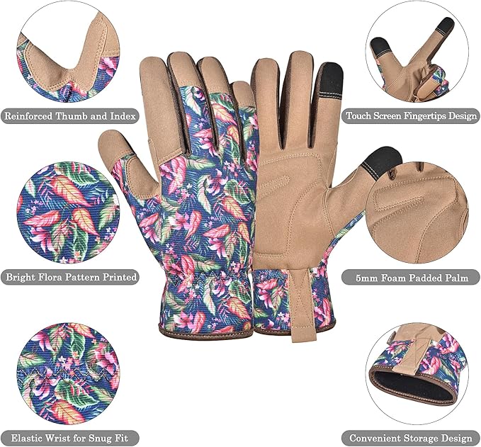 Gardening Gloves for Women and Men, Garden Gloves with Touch Screen, Thorn Proof Puncture Resistant Working Gloves, Gardening Gifts for Women,Blue-brown flowers M