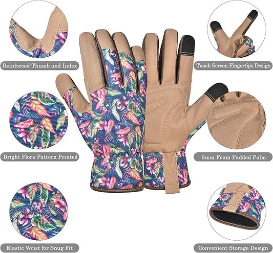 Gardening Gloves for Women and Men, Garden Gloves with Touch Screen, Thorn Proof Puncture Resistant Working Gloves, Gardening Gifts for Women,Blue-brown flowers M