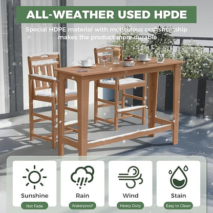 HDPE Outdoor Patio Bar Set with High Top Table and 2 Adirondack Chairs, All-Weather Bar Height Outside Rectangular Pub Furniture for Bistro, Garden, Backyard, Deck | 3-Pieces, Teak