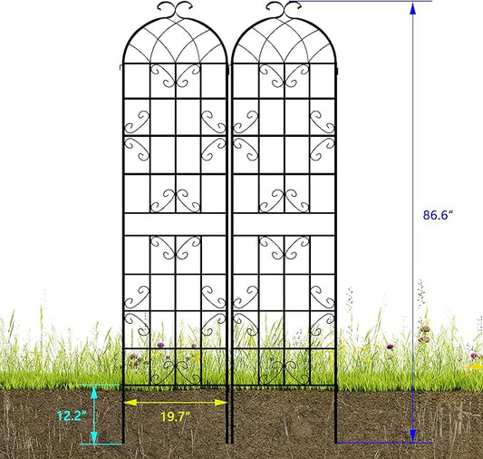 LZRS 2 Pack 87x20in Rustic Iron Arch Decoration Garden Trellis with Black Metal Coating – Perfect for Supporting Climbing Plants Outdoor, Roses, Vines, Flowers, and Vegetables.