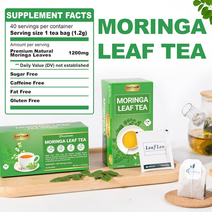 LeafLea 80 Moringa Tea Bags, Premium Moringa Leaf Herbal Tea for Digestive Support and Daily Wellness, Made from Natural Leaves, Caffeine-Free, Non-GMO, Sugar-Free