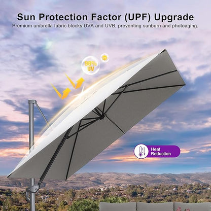 PURPLE LEAF 10 FT Cantilever Patio Umbrella Outdoor Aluminum Offset Square Umbrella with 3 Years Fade Resistance Recycled Fabric and 360-degree Rotation for Deck Pool Garden, Pebble Grey