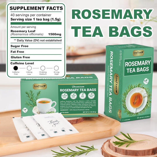LeafLea 40 Premium Rosemary Tea Bags from 100% Natural Rosemary Leaves, Herbal Tea for Gentle Digestive Comfort, Te De Romero Earthy Taste & Light Aroma, Caffeine-Free, Sugar-Free, Non-GMO