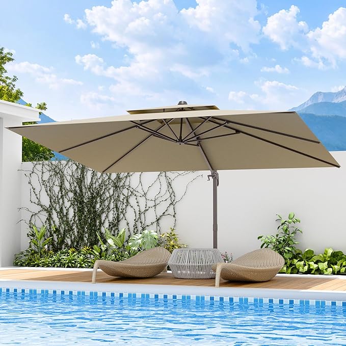 10x13 FT Patio Umbrella, Large Cantilever Rectangular Double Top Heavy Duty Offset Umbrellas with 360° Rotation, Outdoor shade for Garden Deck Pool Patio, Tan
