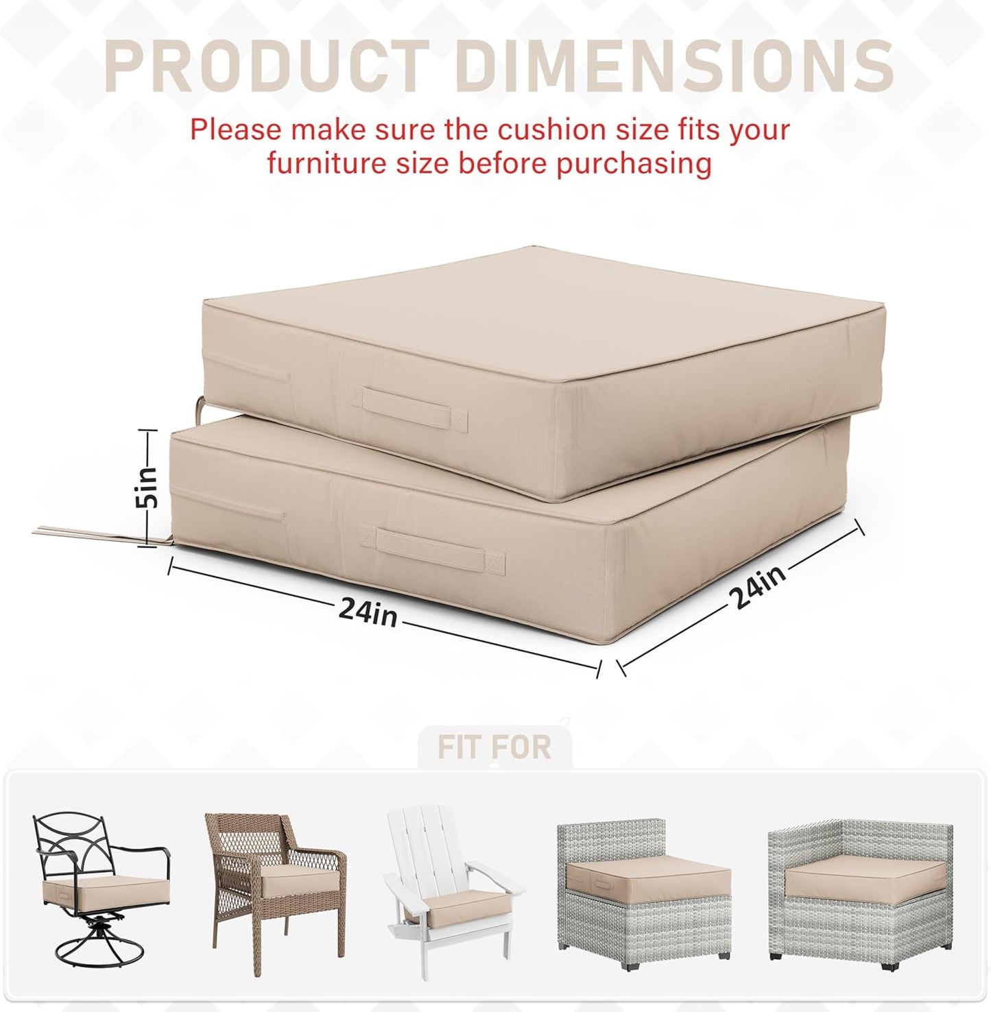 Patio Chair Cushions 24 X 24 X 5 Inch Waterproof Outdoor Seat Cushions for Patio Furniture, Outdoor Sofa Couch Pads with Ties & Handle, Set of 2, Sand