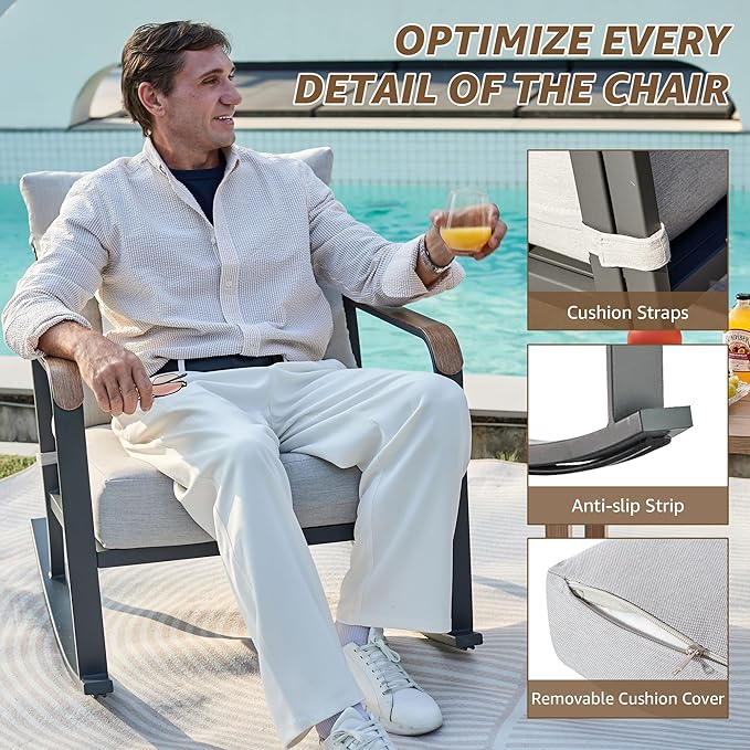 NATURAL EXPRESSIONS Glider Rocking Chair Bistro Set, 3 Pieces Outdoor Patio Furniture Conversation Set with 2 Rocker Chairs, 1 Table and Thick Cushions for Backyard, Porch, Balcony, 350lbs, Grey.