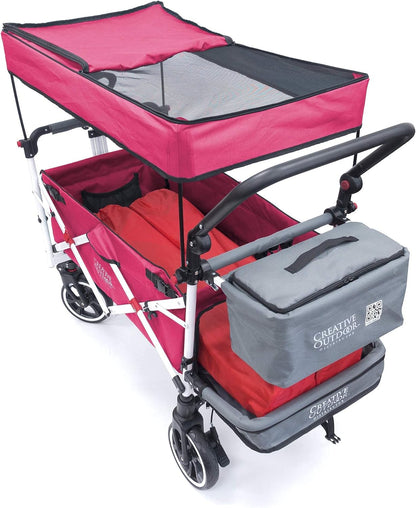 Creative Outdoor Wagon for Kids Push Pull Collapsible Stroller with Canopy Folding Cart | Titanium Series Plus | Beach, Park, Garden (Solid Pink)