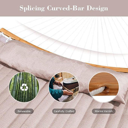 SUNCREAT Hammocks Patio Hammock with Stand, 2 Person Heavy Duty Curved Hammock with 13.5 ft Wooden Stand, Tan