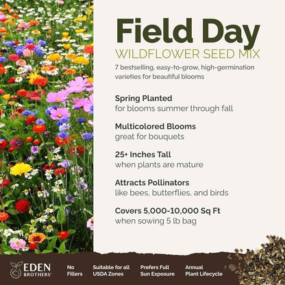 Eden Brothers Field Day Flower Mixed Seeds for Planting, 5 lb, 2,400,000+ Seeds with Zinnia Lilliput, Calendula Mix | Attracts Pollinators, Plant in Spring or Fall, Zones 3, 4, 5, 6, 7, 8, 9, 10