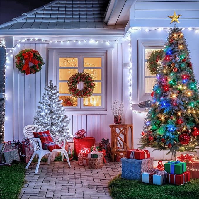 JMEXSUSS 2 Pack White & Multicolor Solar Christmas Lights Outdoor, Each 100 LED 33ft Solar Color Changing Lights Outdoor Waterproof for Christmas Tree Yard Decorations