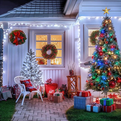 JMEXSUSS 2 Pack White & Multicolor Solar Christmas Lights Outdoor, Each 100 LED 33ft Solar Color Changing Lights Outdoor Waterproof for Christmas Tree Yard Decorations