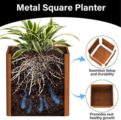 Corten Steel Planter Box 20" L x 20" W x 20" H,Large Metal Square Planter for Outdoor Plants,Metal Cube Flower Pot with Drainage Hole for Porch Hotel Patio Yard