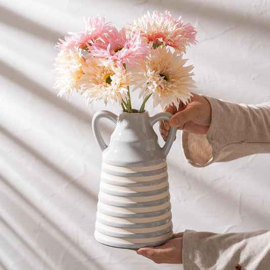 Ceramic Grey and White Checkered Stripes Vase with Handles, Hand-Painted Modern Bohemian Floral Vases Home Decor, Cottage Core Decor, Flower Vases for Bouquet Tabletop Bedroom Office Bookshelf 8.9 in